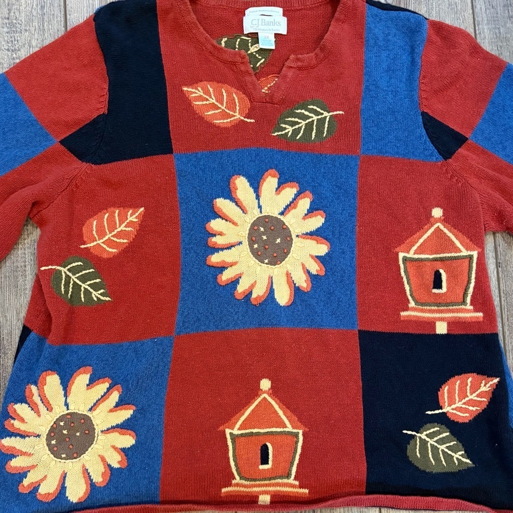 CJ Banks Hand Embroidered Colorblock Plus Size Sweater 2X Cottagecore Knit - Picture 3 of 11